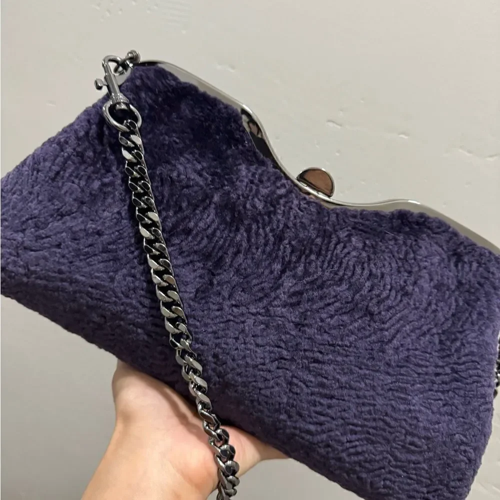 Purple Handmade Real Shearling leather Push Lock Shoulder Bag/Crossbody